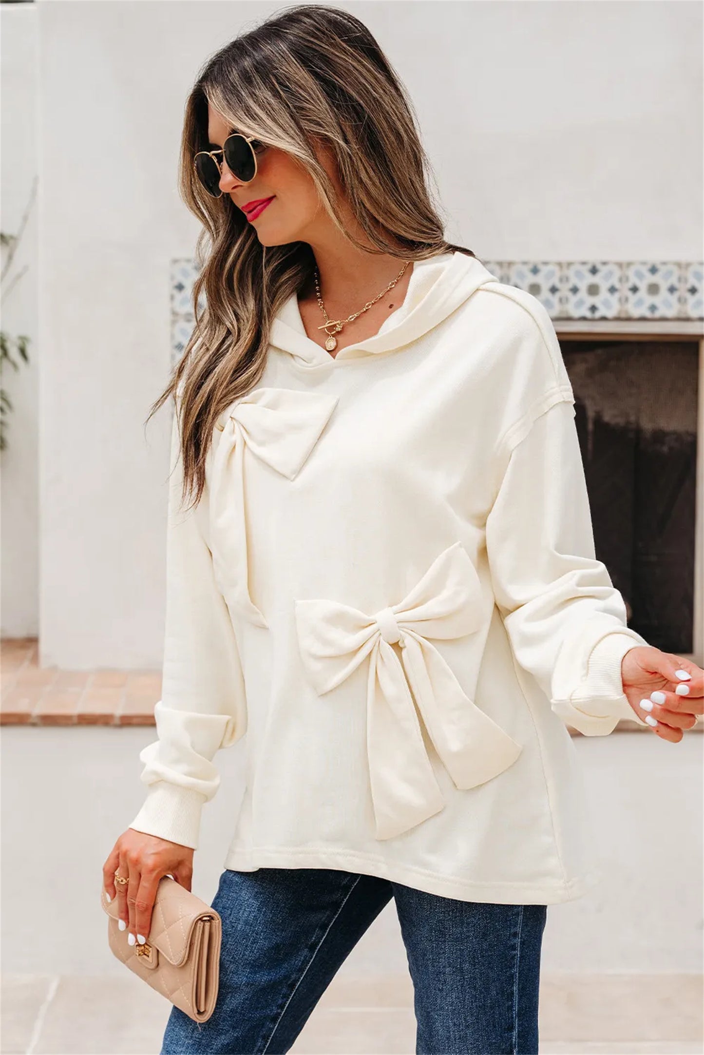 Sweat à capuche blanc pour femme avec nœud papillon – Sweatshirt uni doux et ample