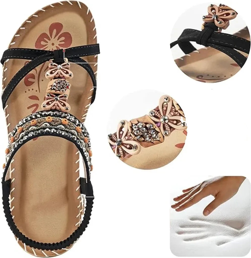 Sandales Élégantes Femme à Strass – Style Bohème Perlé et Brodé