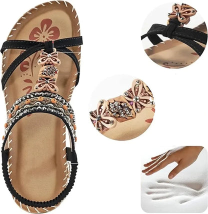 Sandales Élégantes Femme à Strass – Style Bohème Perlé et Brodé