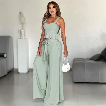Ensemble femme plissé avec top bustier et pantalon large