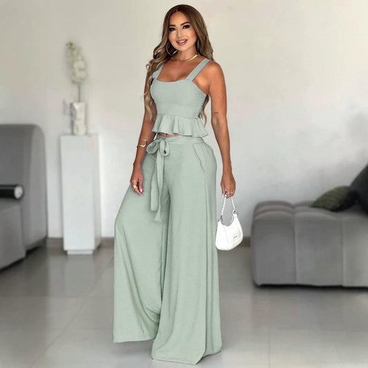 Ensemble femme plissé avec top bustier et pantalon large