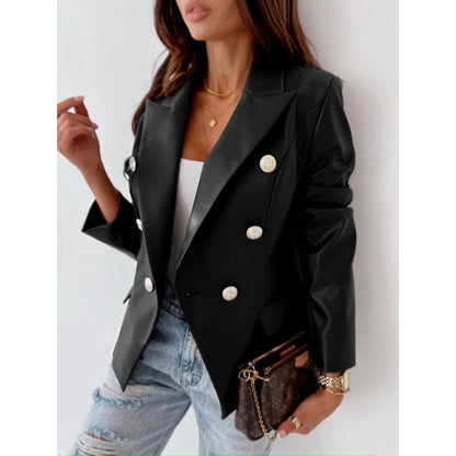 Blazer da donna a maniche lunghe in pelle sintetica, doppiopetto – Stile chic, elegante, casual e raffinato