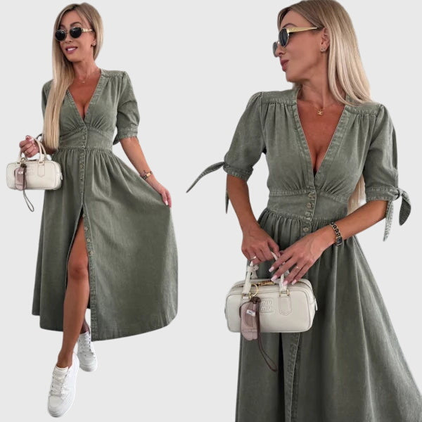 Robe Maxi Denim Élégante Col V – Robe A-Line Boutonnée Stylée