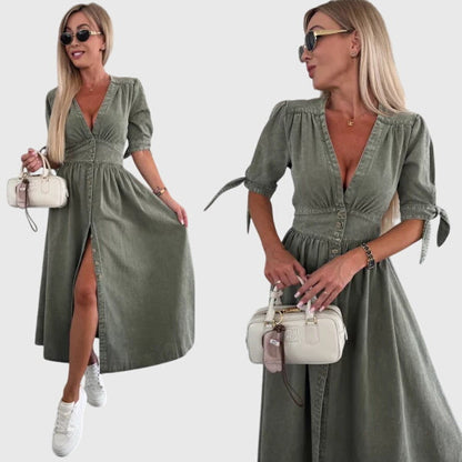 Robe Maxi Denim Élégante Col V – Robe A-Line Boutonnée Stylée