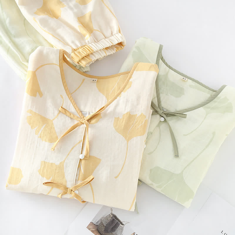 Pyjama Décontracté Élégant Femme à Feuilles de Ginkgo – Ensemble 2 Pièces Léger et Doux en Coton avec Noeud Décoratif et Coupe Ample