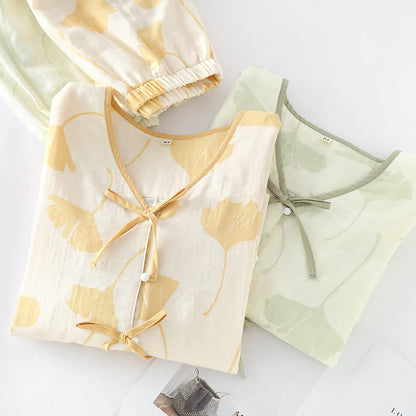 Pyjama Décontracté Élégant Femme à Feuilles de Ginkgo – Ensemble 2 Pièces Léger et Doux en Coton avec Noeud Décoratif et Coupe Ample