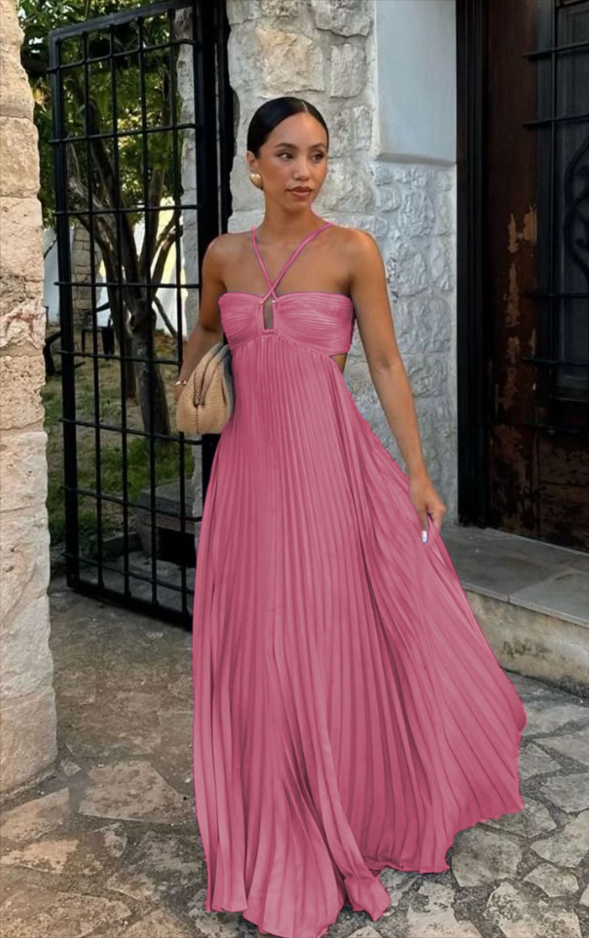 Vestido de mujer plisado sin mangas con cuello halter - Elegante para la noche