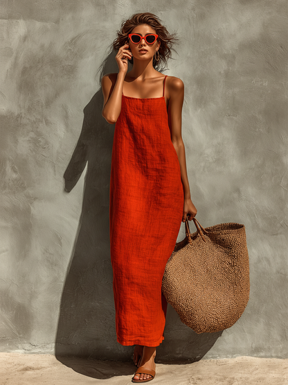 Robe en lin rouge femme a fines bretelles - Boheme et elegante