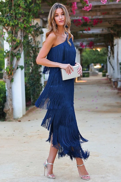 Femmes Longue Maxi Bleue à Franges Invitées de Mariage Robe – Fluide, Élégante