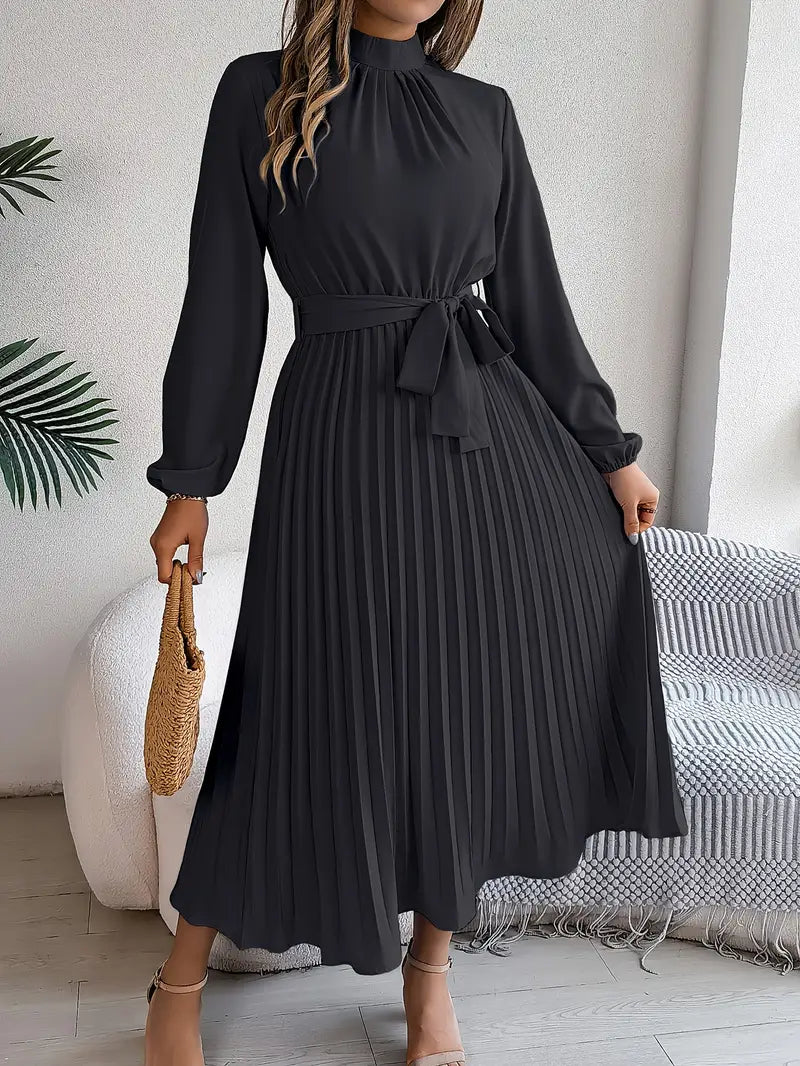 Robe Midi Femme Élégante Plissée Ceinturée – Manches Longues Style A-Line