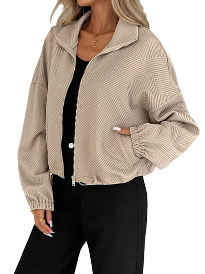 Women's stand-collar zip-up jacket – Loose fit, drawstring hem, casual fall-winter style