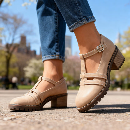 Mocassins T-Strap Rétro – Talon Bloc avec Boucle de Cheville Ajustable