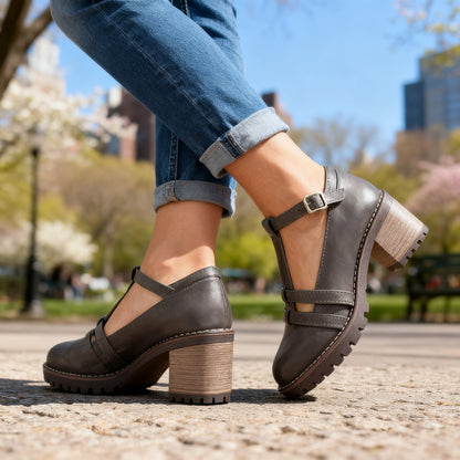 Mocassins T-Strap Rétro – Talon Bloc avec Boucle de Cheville Ajustable