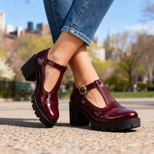 Mocassins Brogue T-Strap Vernis Daisy – Talon Bloc d’Inspiration Vintage