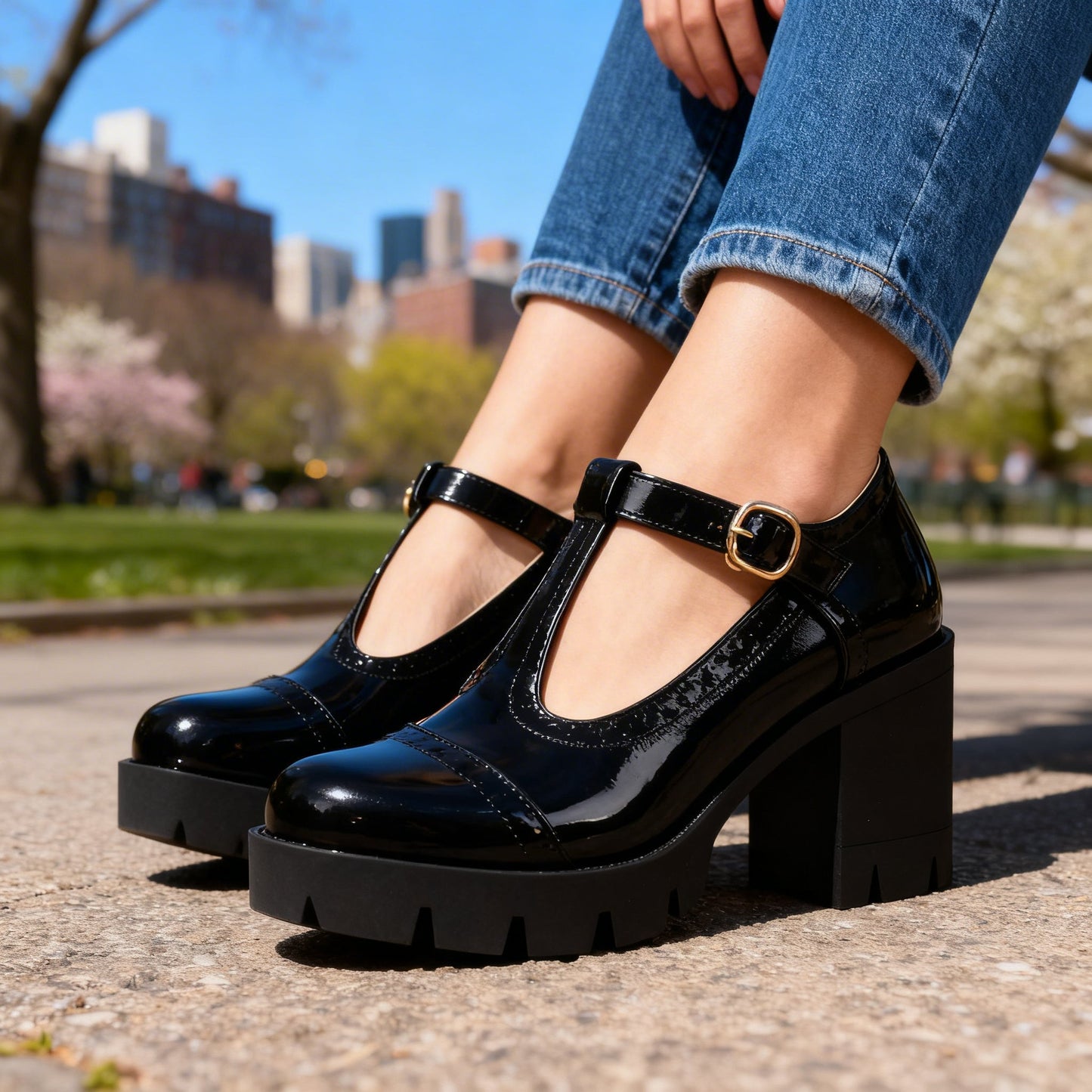 Mocassins Brogue T-Strap Vernis Daisy – Talon Bloc d’Inspiration Vintage