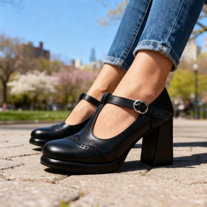 Mocassins Brogue – Talon Bloc à Bride Boucle d’Inspiration Vintage