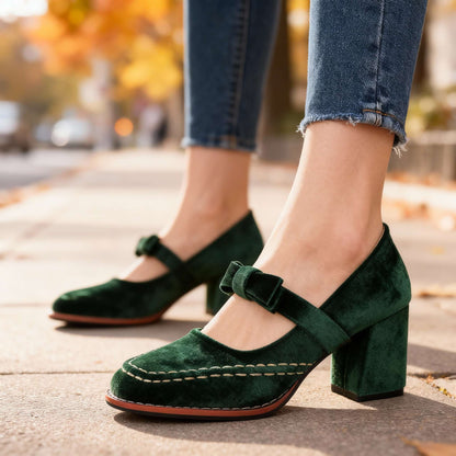 Mocassins à talon bloc en velours – Chaussures élégantes et confortables