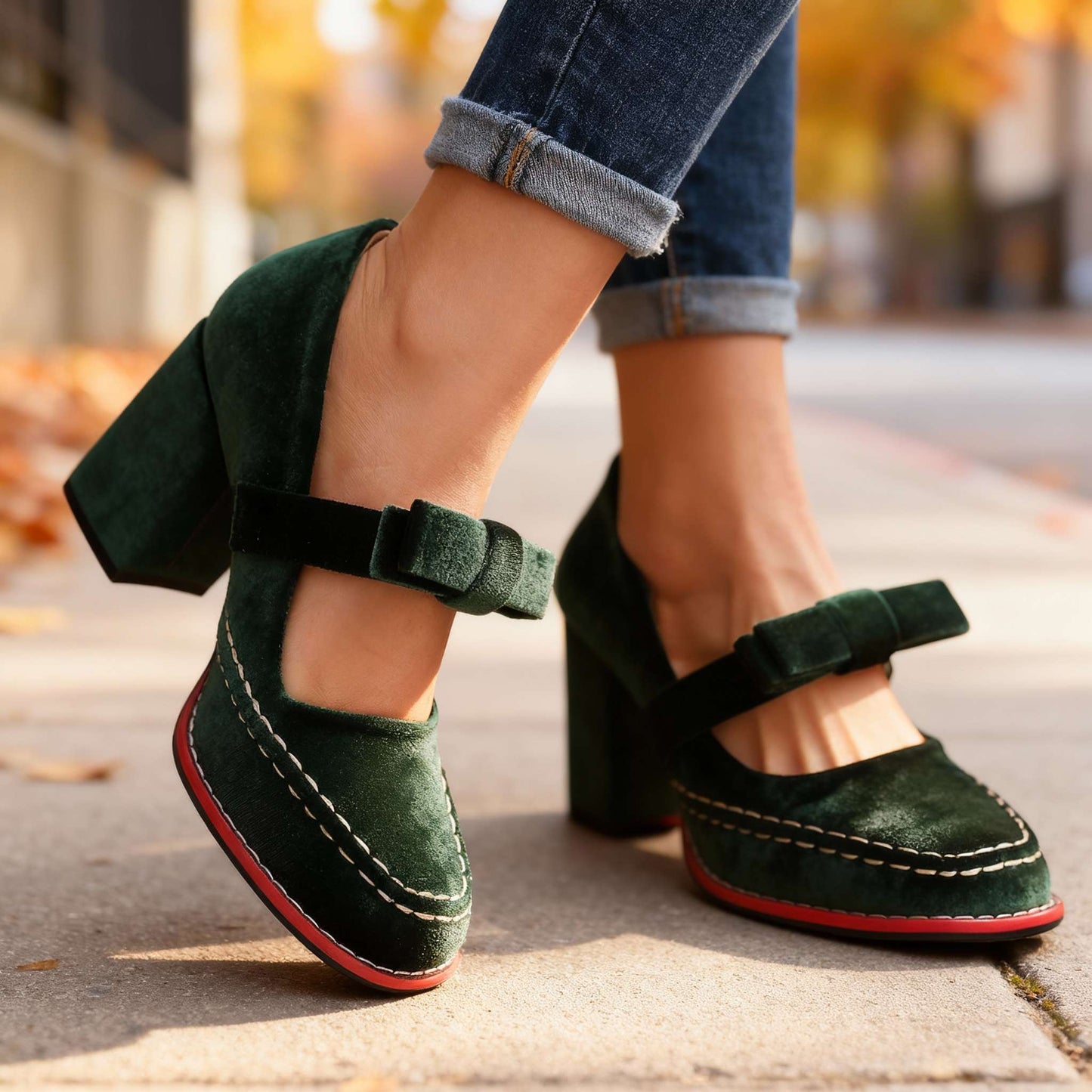 Mocassins à talon bloc en velours – Chaussures élégantes et confortables