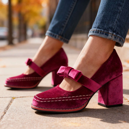 Mocassins à talon bloc en velours – Chaussures élégantes et confortables