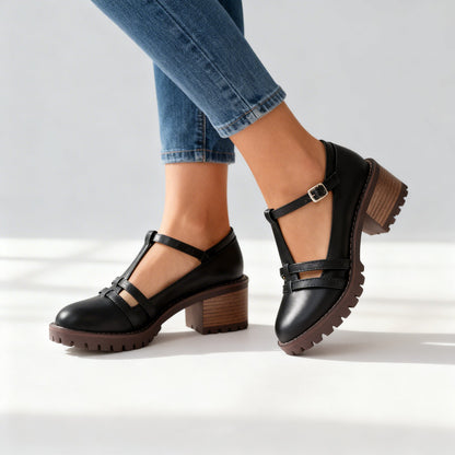 Mocassins T-Strap Rétro – Talon Bloc avec Boucle de Cheville Ajustable