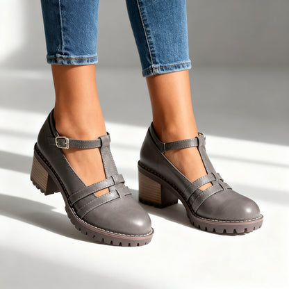 Mocassins T-Strap Rétro – Talon Bloc avec Boucle de Cheville Ajustable