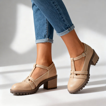 Mocassins T-Strap Rétro – Talon Bloc avec Boucle de Cheville Ajustable