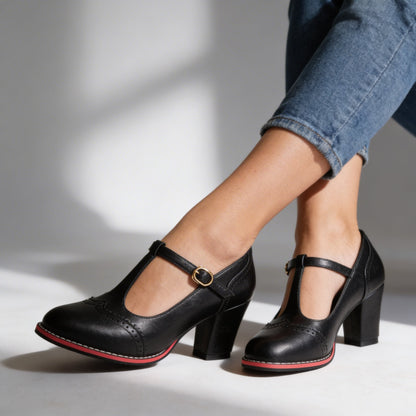 Mocassins Brogue T-Strap Abigail – Talon Bloc d’Inspiration Vintage