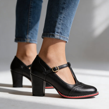 Mocassins Brogue T-Strap Abigail – Talon Bloc d’Inspiration Vintage