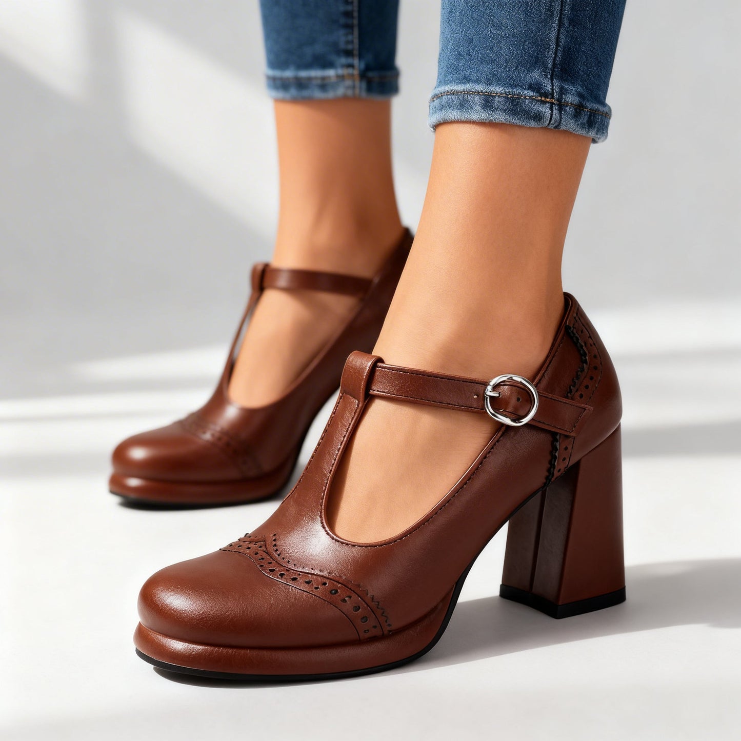 Mocassins Brogue – Talon Bloc à Bride Boucle d’Inspiration Vintage