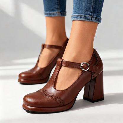 Mocassins Brogue – Talon Bloc à Bride Boucle d’Inspiration Vintage