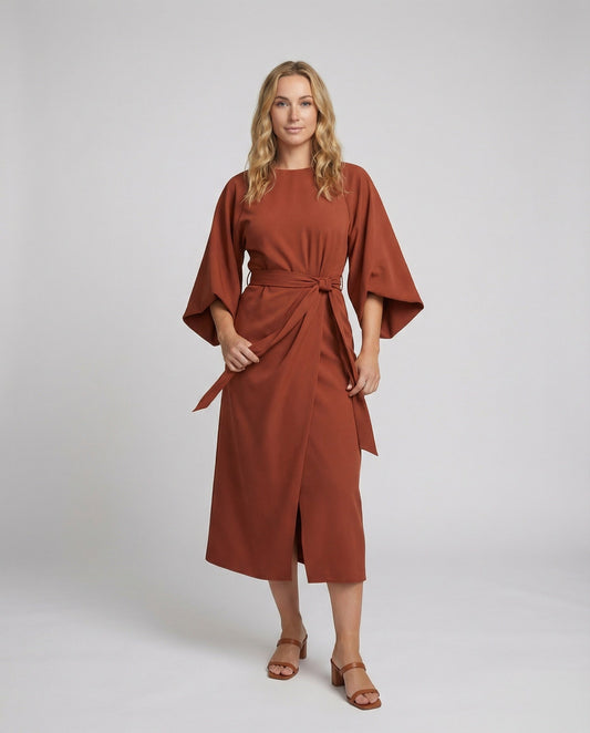 Elegant Midi Dress for Women – Wrapped Cut with Belt and Lantern Sleeves