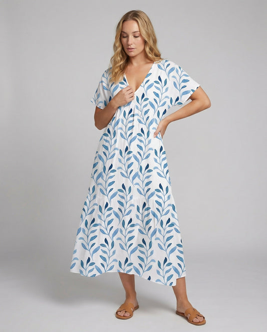 Elegant Summer Dress for Women – Short Airy Sleeves with Leaf Pattern