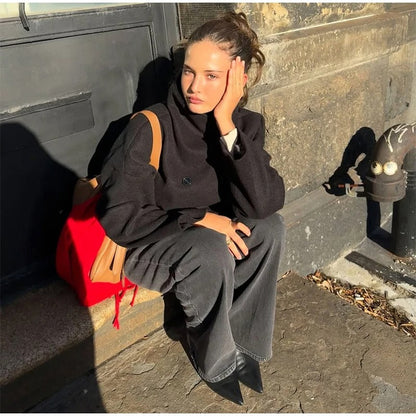 Manteau élégant femmes mélange de laine avec boutons – Vêtement d'hiver à col montant