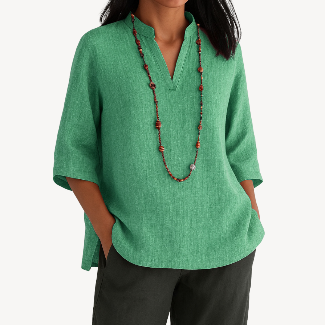 Chemise ample décontractée en coton et lin à col en V et manches trois-quarts pour femme