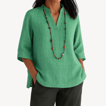Chemise ample décontractée en coton et lin à col en V et manches trois-quarts pour femme