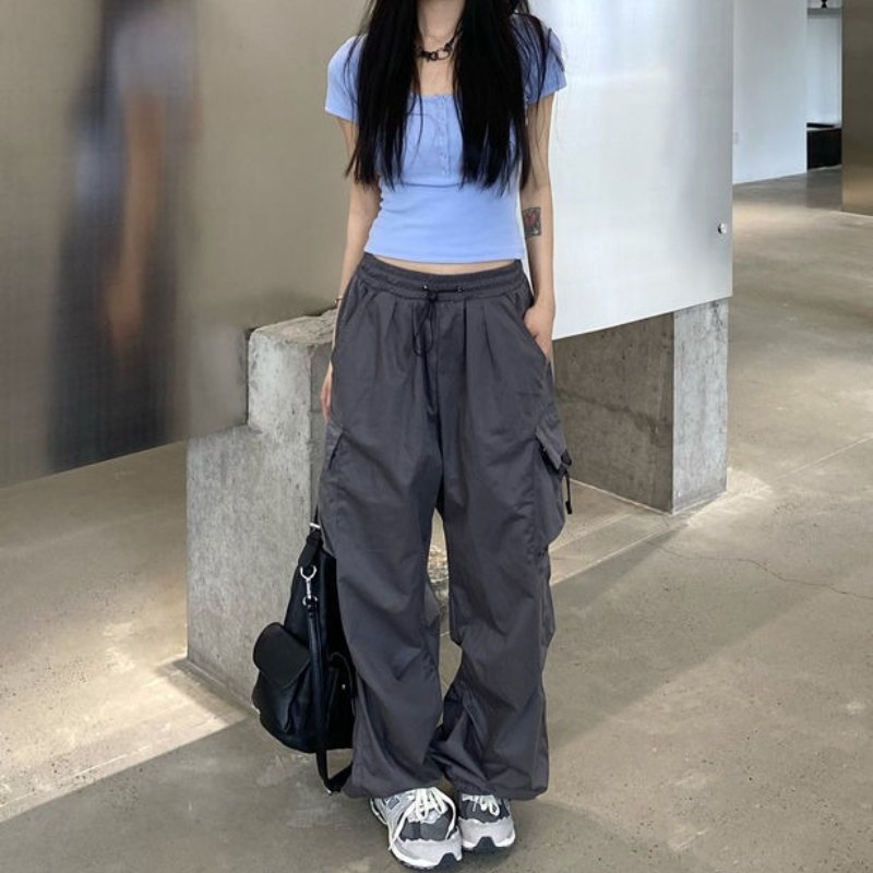 Pantalon Cargo Femme Taille Haute Avec Poches Multiples – Pantalon Décontracté À Jambe Large