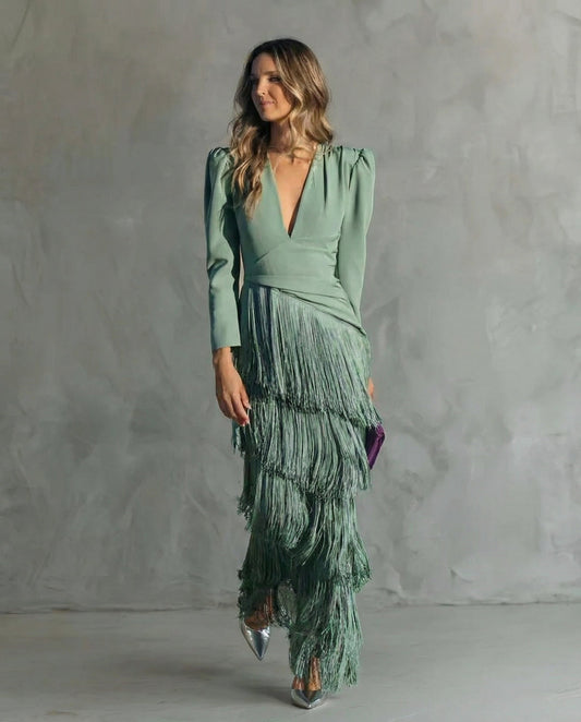 Robe midi élégante à manches frangées femme – Chic et originale
