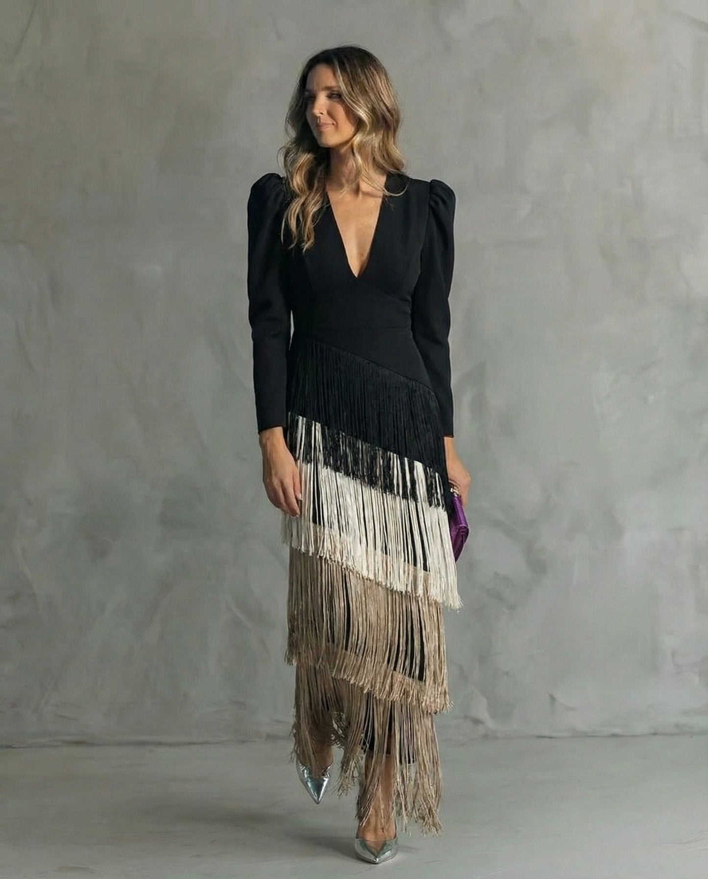 Robe longue femme a franges col V - Chic et fluide