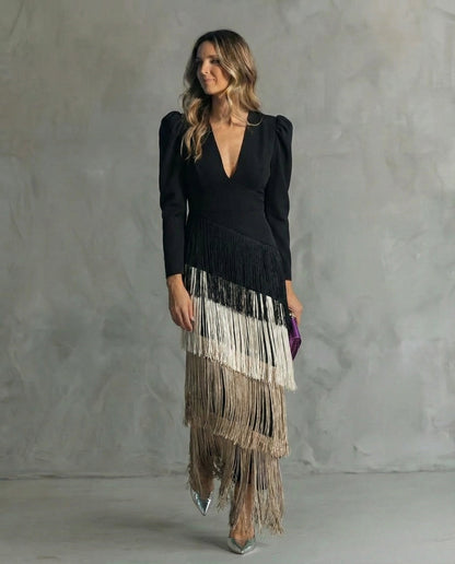 Abito midi elegante con maniche sfrangiate donna – Chic e originale