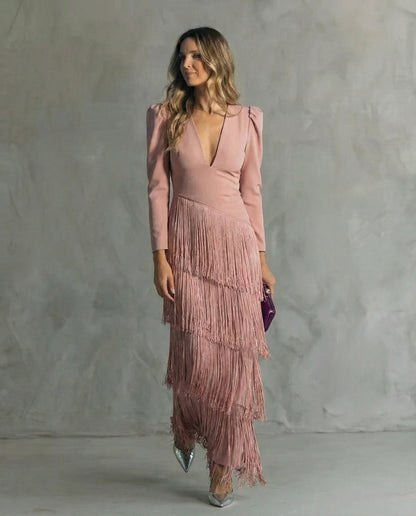 Robe longue femme a franges col V - Chic et fluide