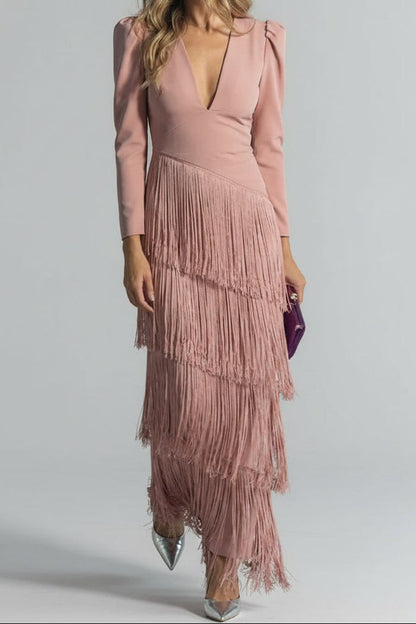 Elegant women's dress with fringed sleeves - Chic and refined