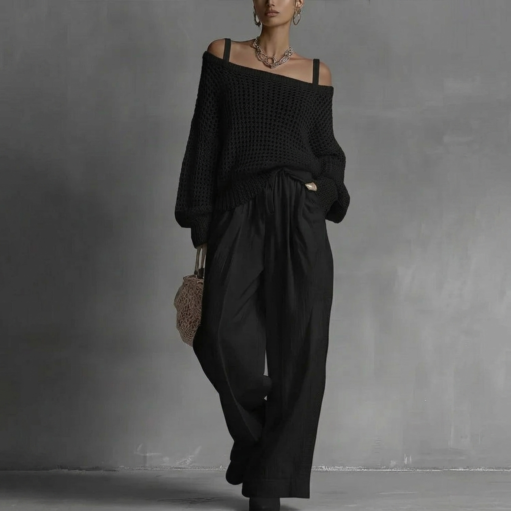 Completo da donna chic a due pezzi, fluido ed elegante