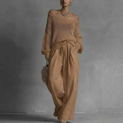 Completo da donna chic a due pezzi, fluido ed elegante