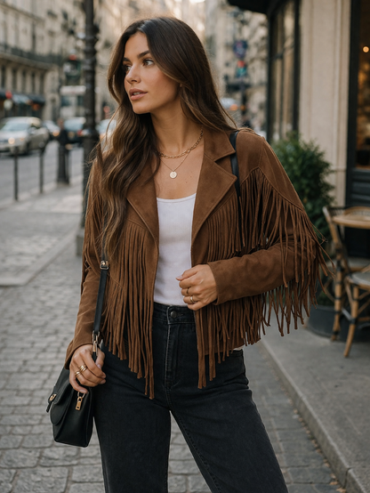 Veste femme a franges en daim marron - Style boheme retro et tendance