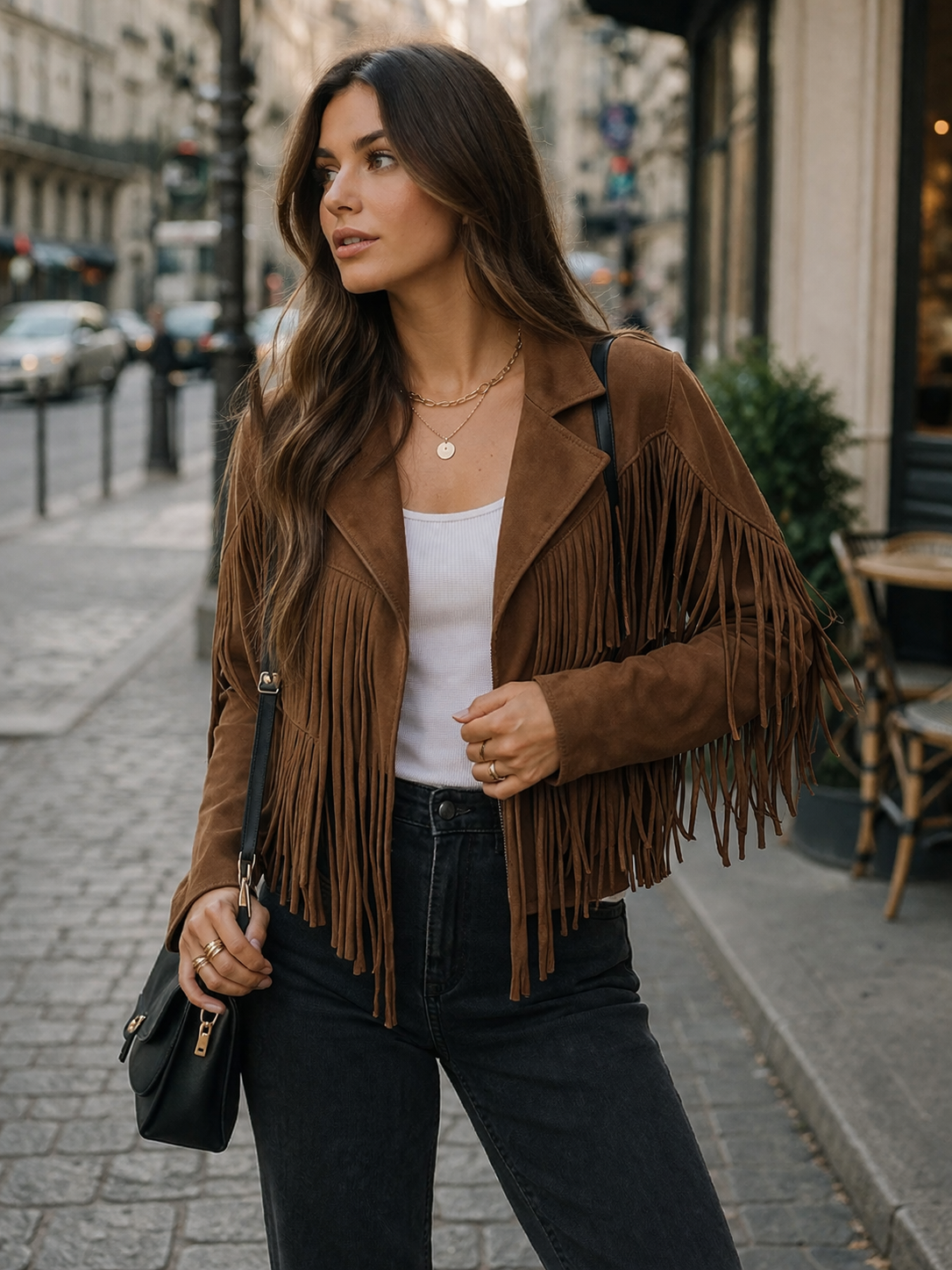 Veste femme a franges en daim marron - Style boheme retro et tendance