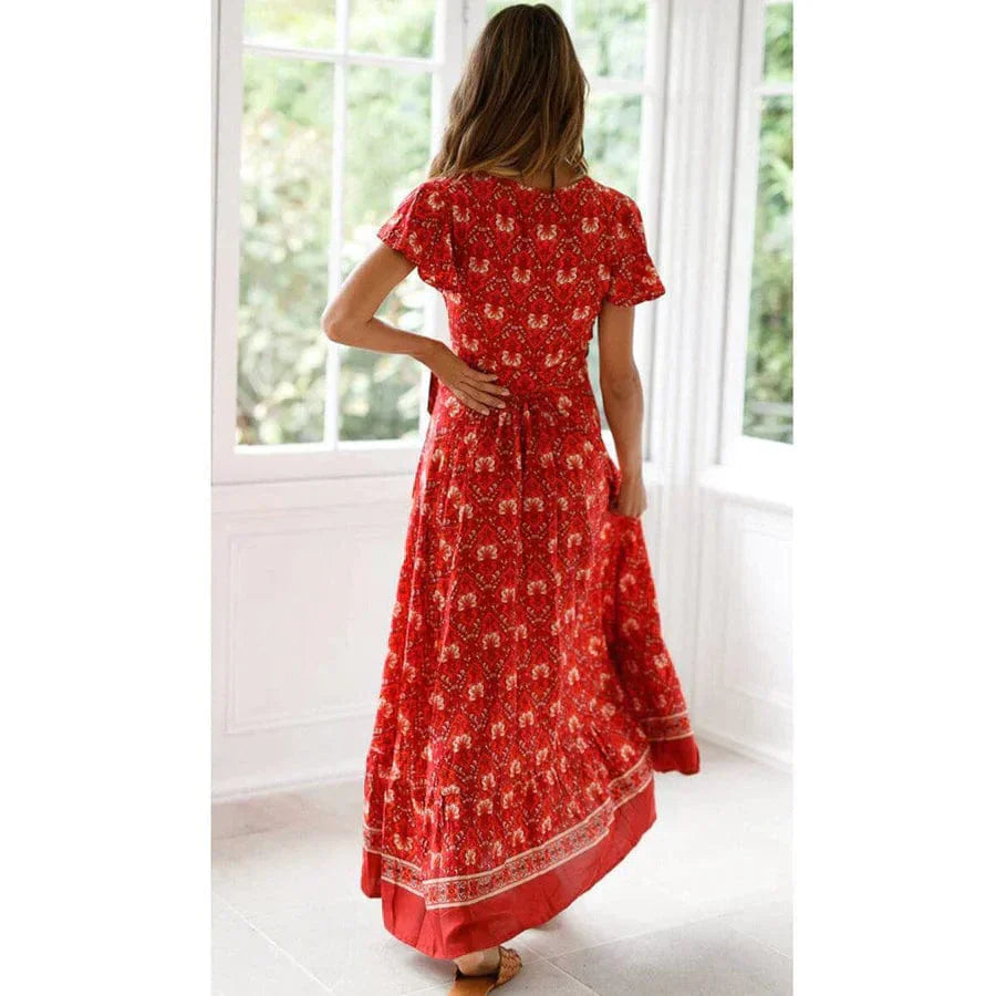 Robe longue portefeuille bohème pour femme – Fente latérale, fluide, style estival féminin