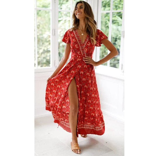 Bohemian Long Wrap Dress for Women – Side Slit, Flowing, Feminine Summer Style