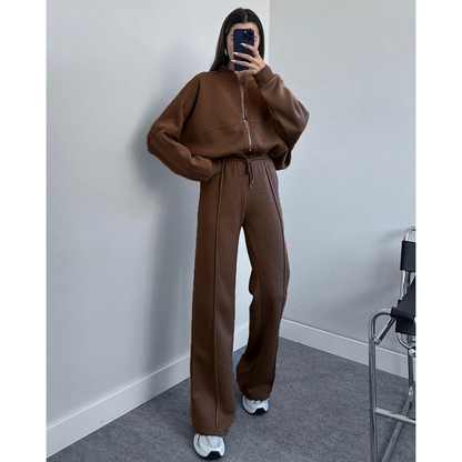 Ensemble Lounge Oversize Élégant pour Femme – Sweat à Zip et Pantalon Large