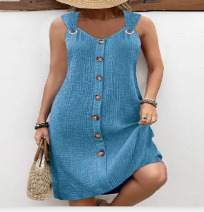 Robe Midi Unie pour Femme – Sans Manches Coupe A Col V Style Décontracté Été