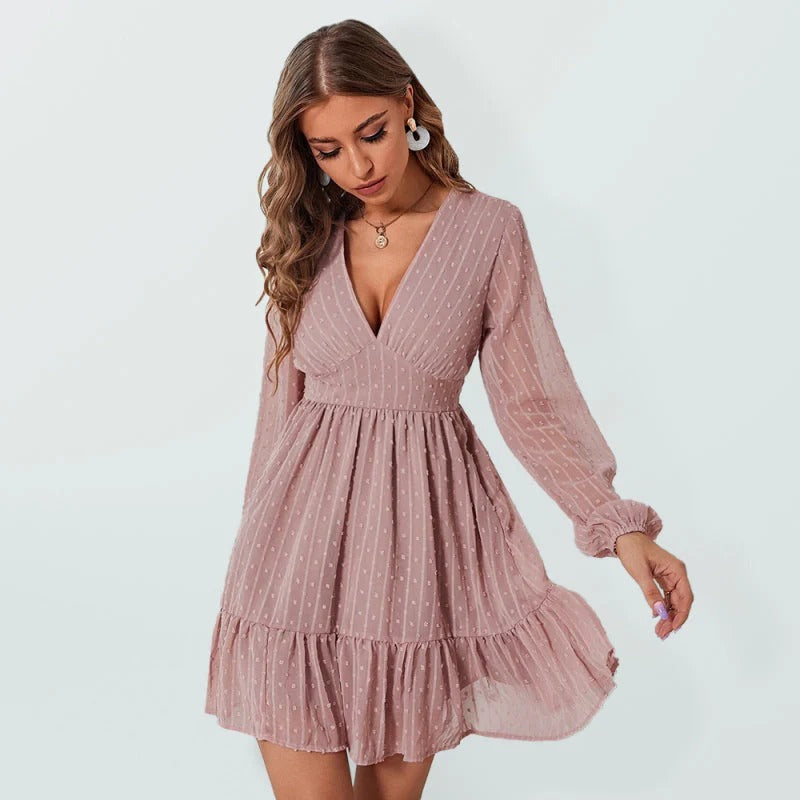 Robe Courte Élégante Femme – Manches Longues Col V Coupe Évasée